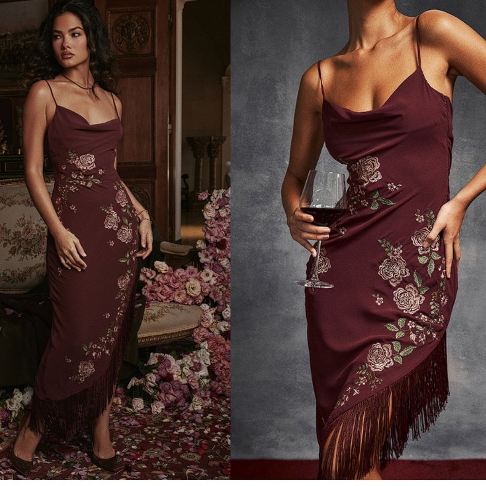 HOUSE OF CB 'Eloisa' Wine Embroidered Midi Dress NWOT